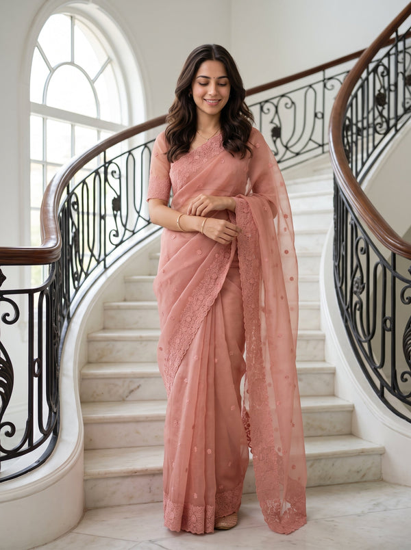Organza Dusty Pink Self-Tone Floral Scalloped Lace Border Saree