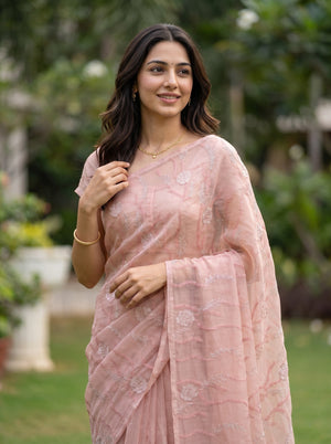 Organza Peach Pink Silver Zari Rose Floral Vine Embroidered Saree