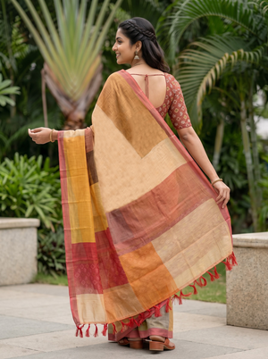 Cotton Orange Red Peach Multicolor Color Block Ikat Diamond Pallu Tassels Saree