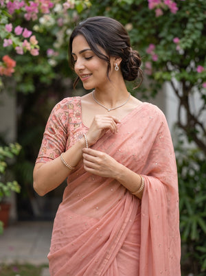 Chiffon Peach Tassel Sequin Embellished Saree