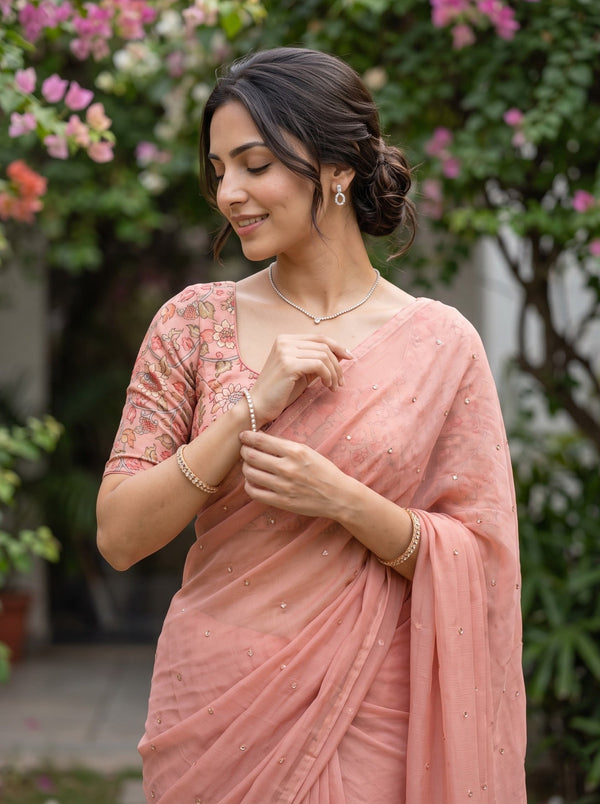 Chiffon Peach Tassel Sequin Embellished Saree