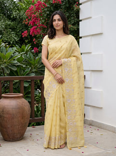 Linen Mustard Yellow Contrast Floral Vine Embroidered Saree with Tassels
