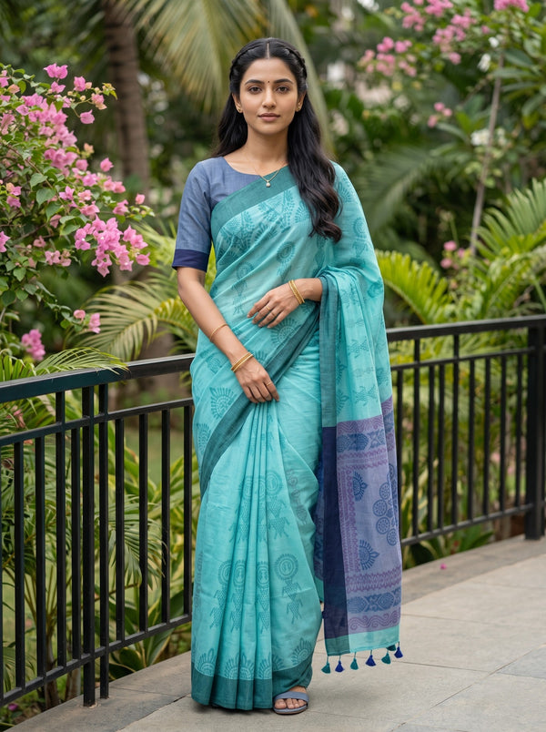Cotton Mint Turquoise Saree with Lavender Medallion Print Pallu