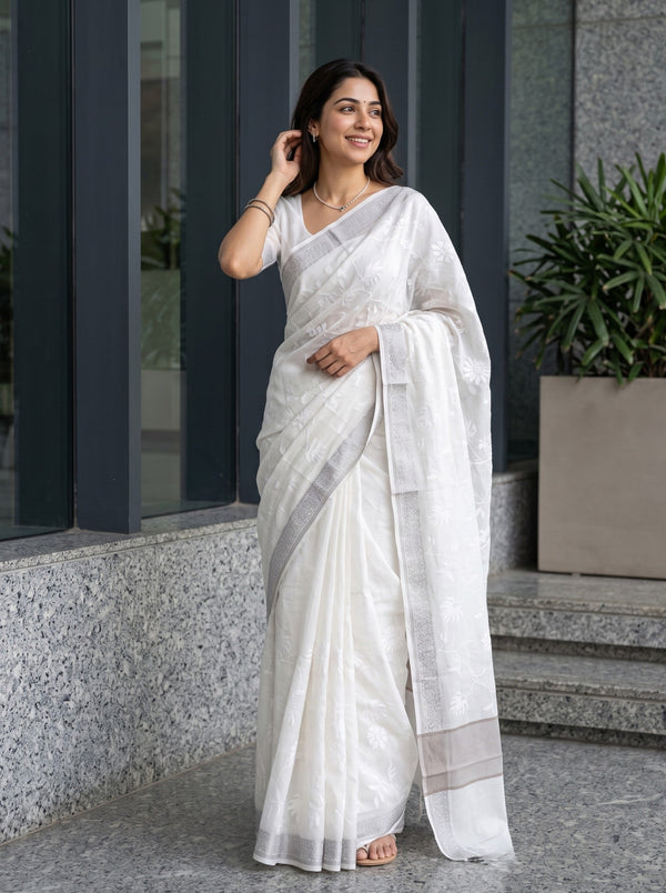 Cotton White Saree with Woven Floral Motifs and Beige Striped Pallu