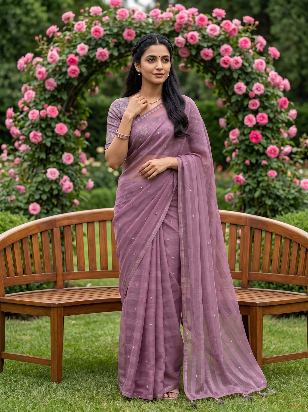 A woman wearing a dusty purple saree with a matching blouse stands outdoors in a garden in front of a wooden bench and a rose arch.