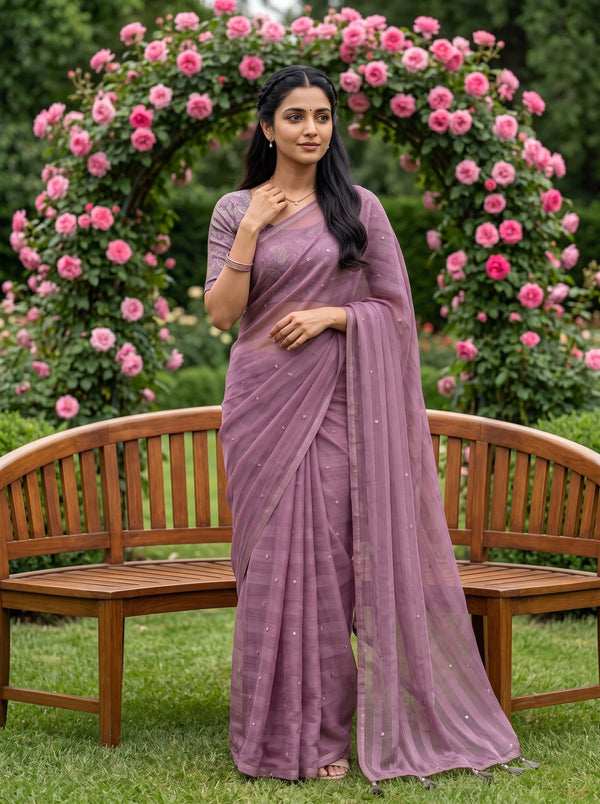 A woman wearing a dusty purple saree with a matching blouse stands outdoors in a garden in front of a wooden bench and a rose arch.
