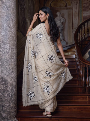 Organza Chiku Saree with Black Checkered Rose Sequin Print