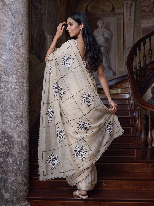 Organza Chiku Saree with Black Checkered Rose Sequin Print