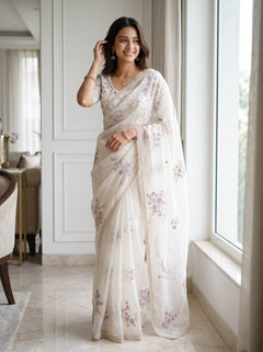 Organza Ivory Lavender Floral Bead Embroidered Saree