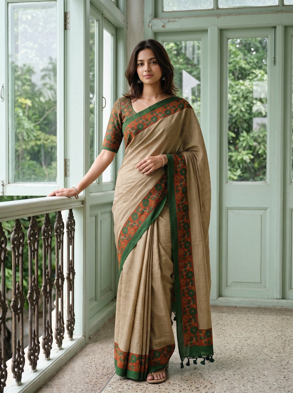 Cotton Beige Saree with Green and Orange Floral Motif Print