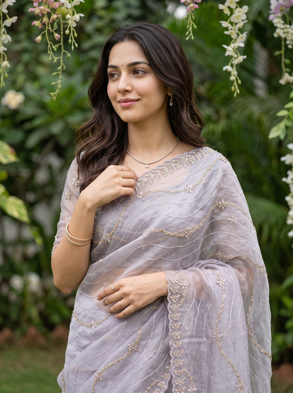 Organza Lilac Grey Bead Sequin Wave Stripe Floral Embroidered Saree