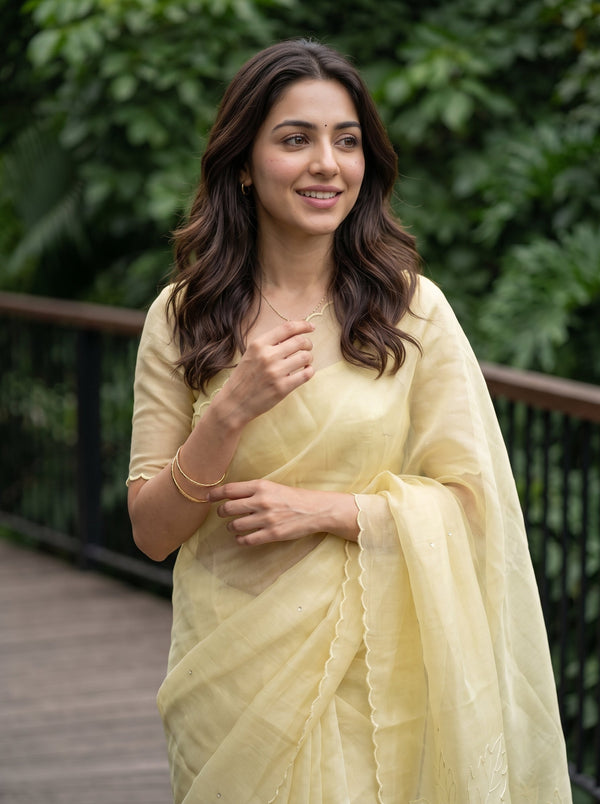 Linen Yellow Saree with Maple Leaf Cutwork Pallu and Sequin Work