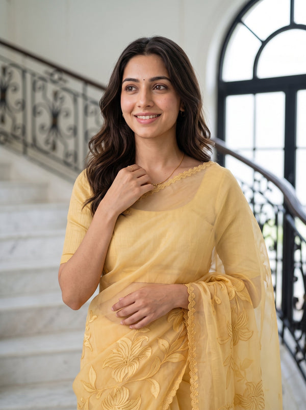 Organza Mustard Self-Tone Lily Embroidered Saree with Scalloped Lace Border