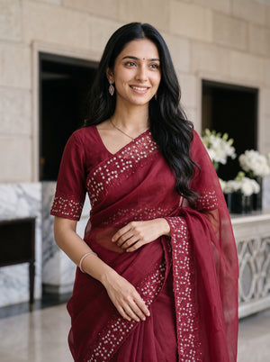 Organza Red Sequin Border Zari Floral Embroidered Saree