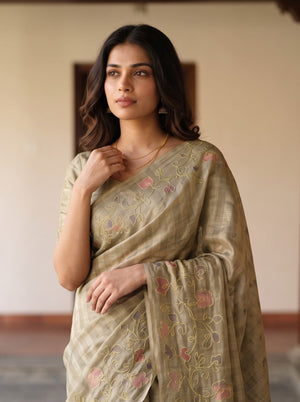 Tissue Beige Botanical Floral Embroidered Saree