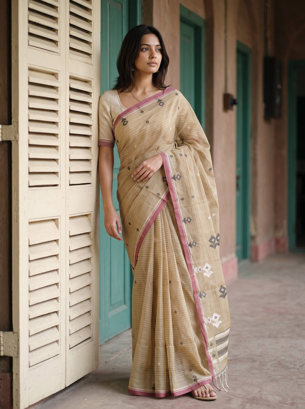 Cotton Sand Beige Floral Jaal Handloom Saree with Tassels