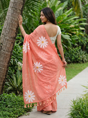 Cotton Peach Saree with White Daisy Flower Print