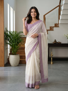 Net Kota Off White Saree with Lavander Striped Pattern and Floral Motif Pallu with Textured Lavander Border
