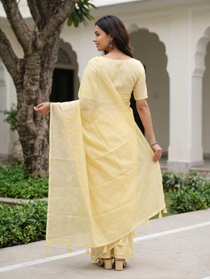 Pure Chanderi Yellow Saree with White Floral Embroidery