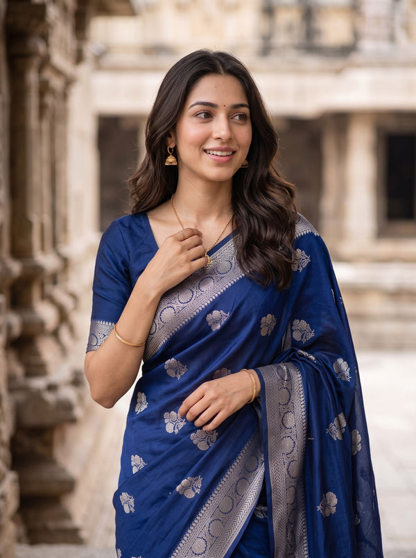 Banarasi Navy Blue Zari Floral Arch Pallu Saree