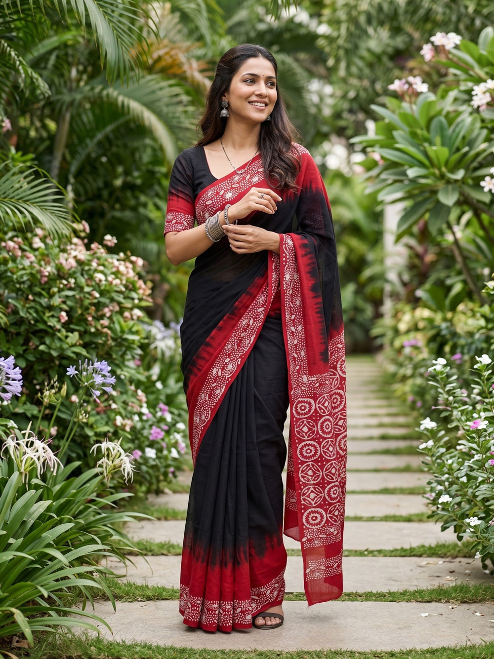 Cotton Maroon Saree with Black Floral Geometric Print