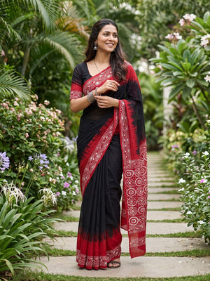 Cotton Maroon Saree with Black Floral Geometric Print