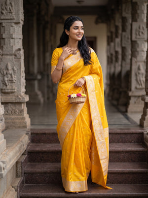 Banarasi Silk Golden Yellow Silver Zari Flower Vase Motif Saree with Tassels