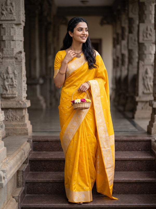 Banarasi Silk Golden Yellow Silver Zari Flower Vase Motif Saree with Tassels
