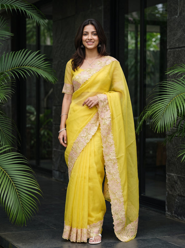 Organza Mustard Yellow Floral Lace Border Scalloped Saree