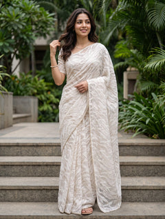 Turkish Organza Cream Abstract Zari Wave Woven Saree