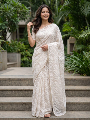 Turkish Organza Cream Abstract Zari Wave Woven Saree
