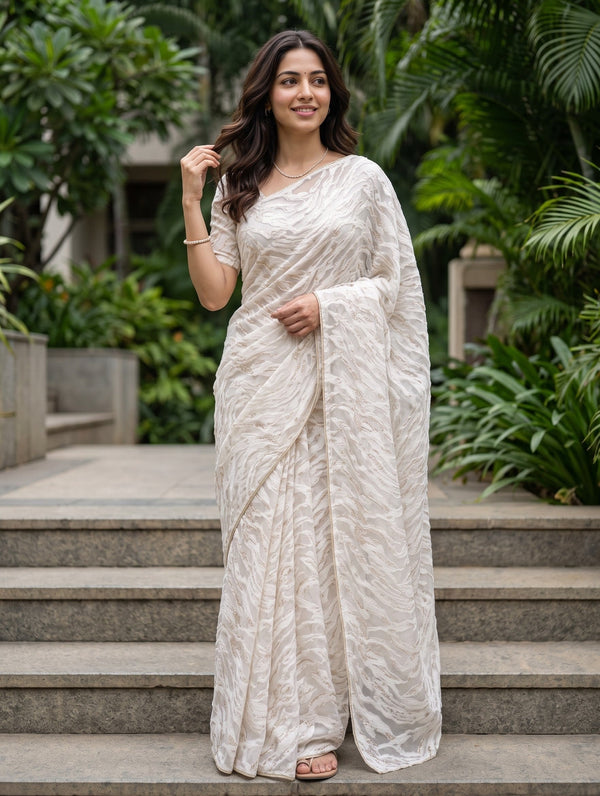 Turkish Organza Cream Abstract Zari Wave Woven Saree
