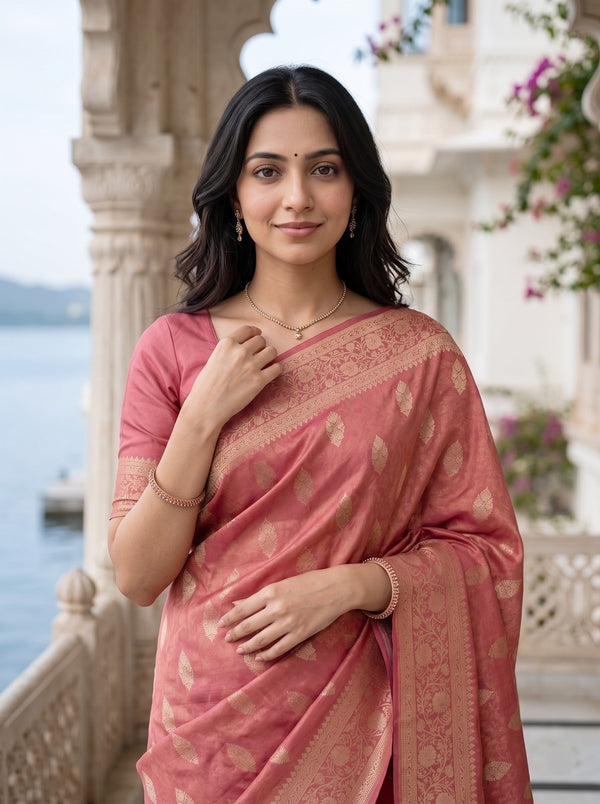 Banarasi Saree in Coral Pink with Golden Paisley Pallu Design