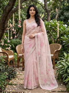 Organza Light Blush Pink Floral Embroidered Saree