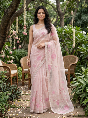 Organza Light Blush Pink Floral Embroidered Saree