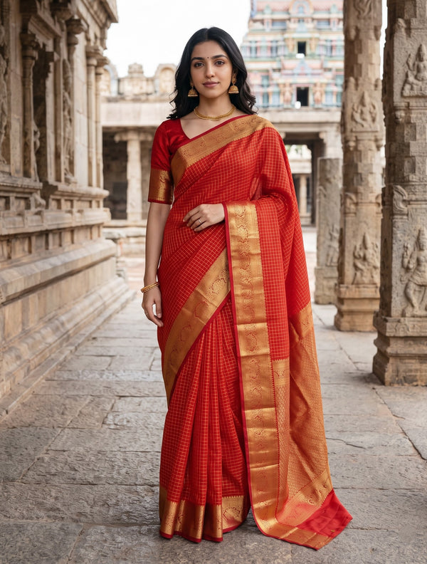 Pure Silk Red Saree with Golden Zari Checks and Rich Zari Border Pallu