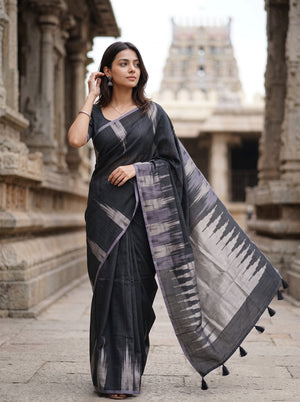 Matka Silk Black Silver Ikat Flame Weave Saree