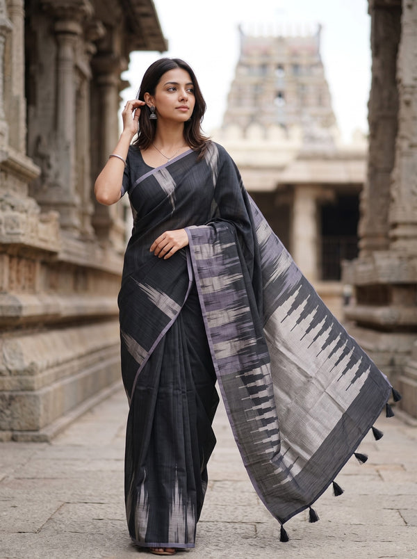 Matka Silk Black Silver Ikat Flame Weave Saree