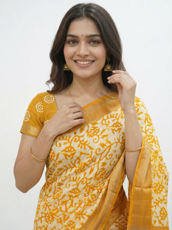 Soft Cotton Mustard Yellow Floral Vine Print Saree with Zari Border