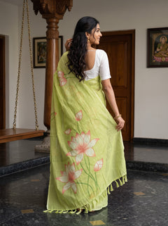 Cotton Lime Green Saree with Watercolor Lotus Flower Print