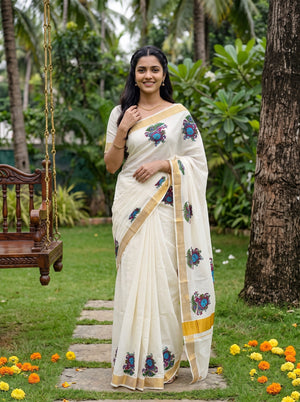 Cotton Off-White Multicolor Mural Krishna Print Onam Special Kerala Saree