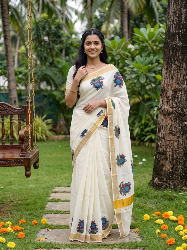 Cotton Off-White Multicolor Mural Krishna Print Onam Special Kerala Saree
