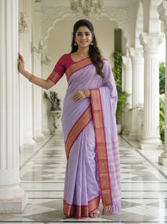 Semi Silk Lavender Golden Pinstripe Saree with Pink Zari Border