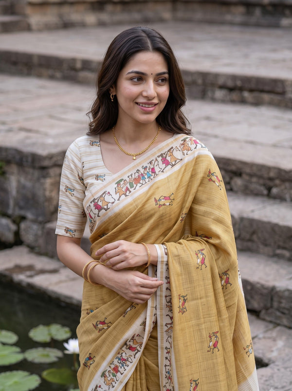 Semi Tussar Mustard Warli Tribal Print Saree
