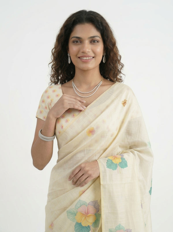 Tissue Silk Cream Watercolor Floral Print Set Saree with Tasseled Border