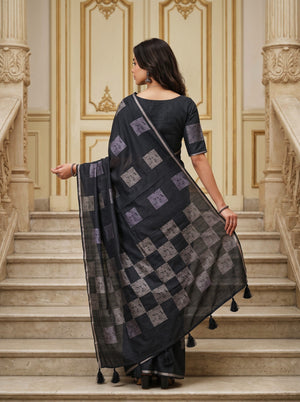 Matka Silk Black Silver Checkerboard Spiral Saree with Tassels