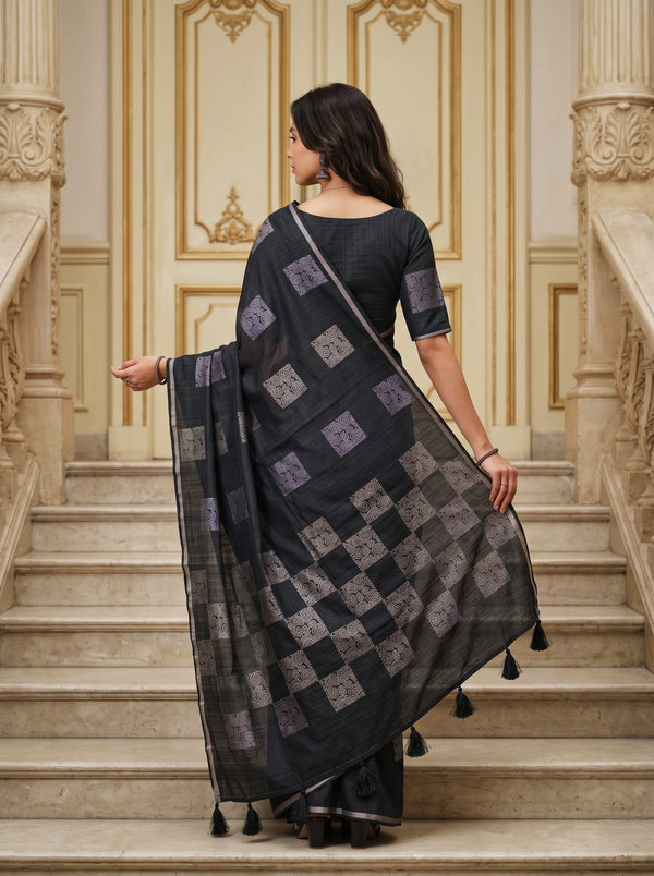Matka Silk Black Silver Checkerboard Spiral Saree with Tassels