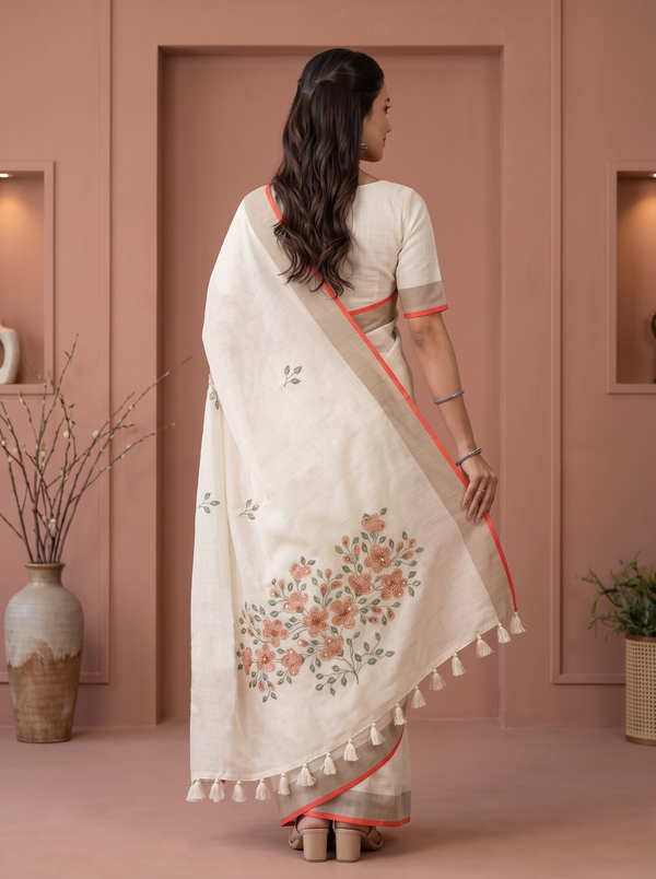 Tissue cream Saree with Multicolor Floral Embroidery and rust colour border