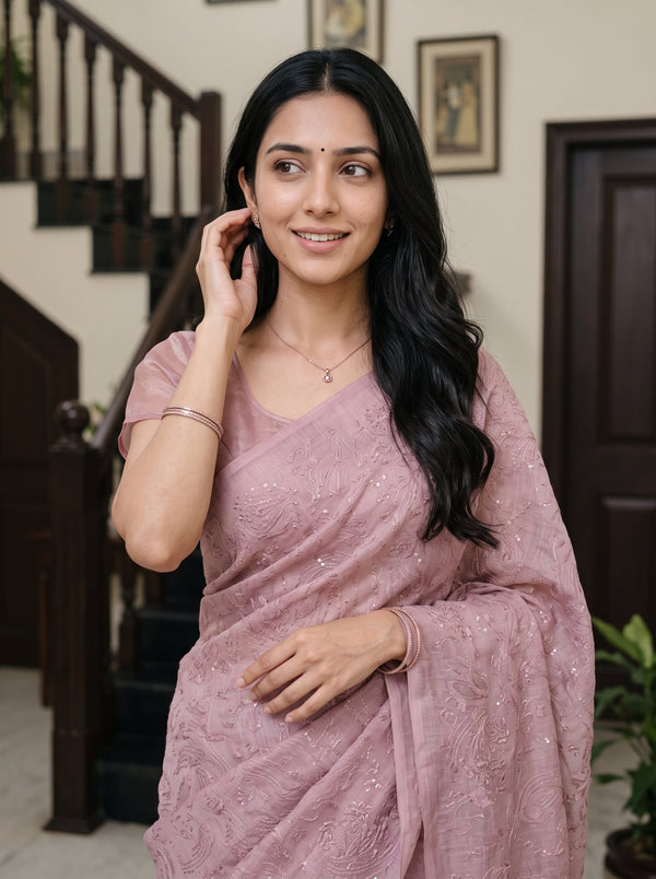 Linen Rose Pink Glitter Shimmer Saree with Self-Tone Swirl Texture and Tassels