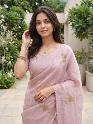 Linen Mauve Pink Saree with Golden Beadwork Floral Sprig Motifs and Scallop Edge